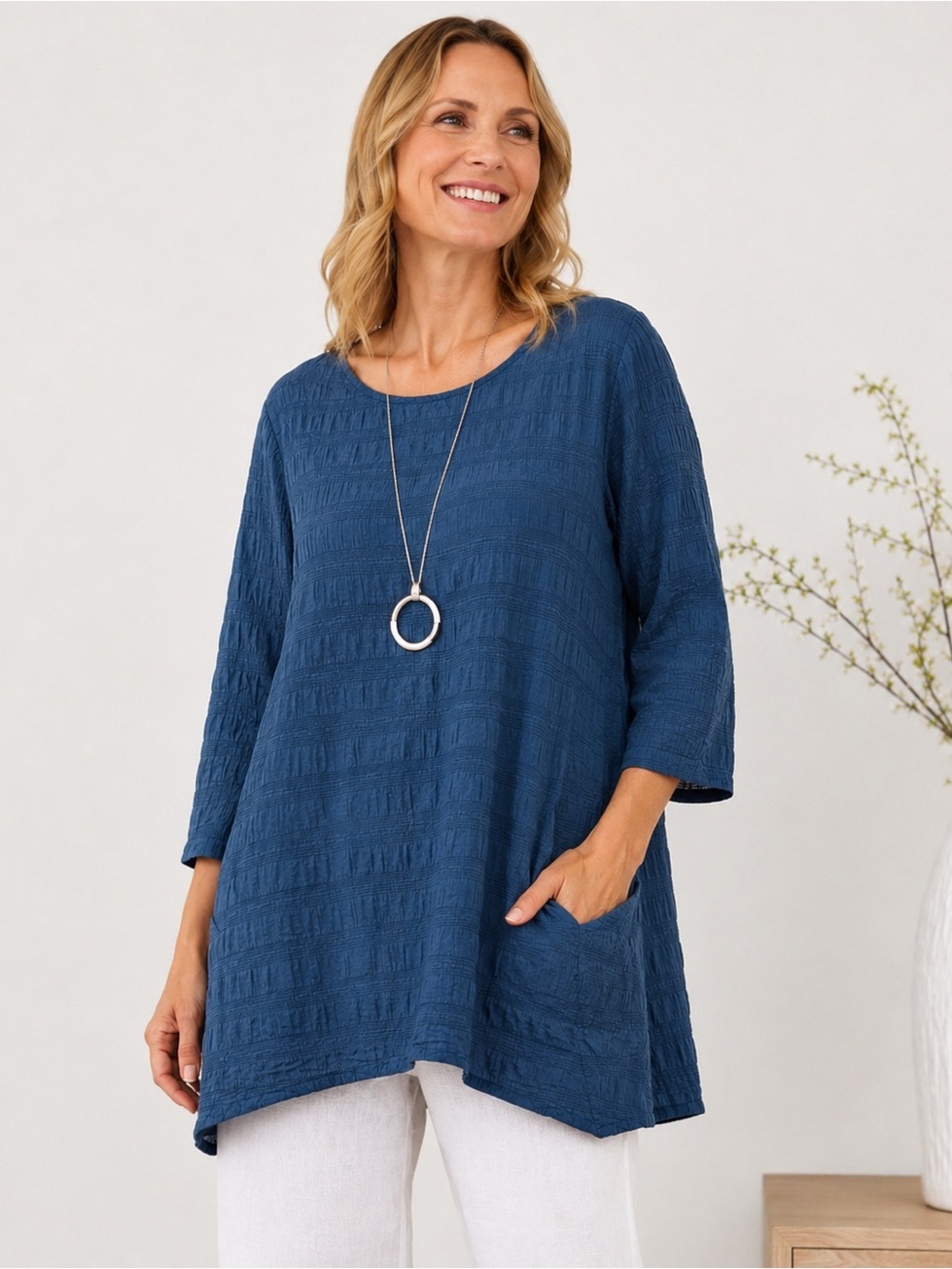 Chalet Et Ceci Blue Textured Crinkle Tunic Top Size Small | Pocket | Lagenlook